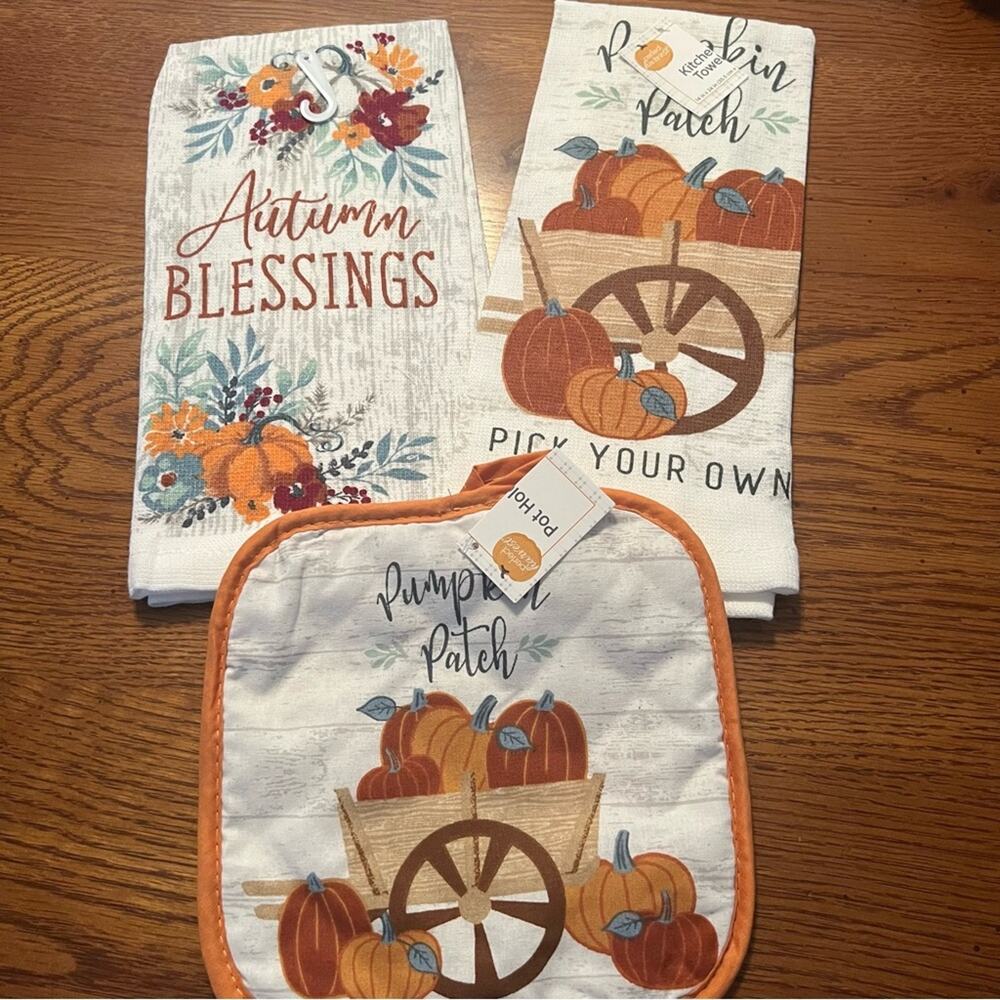 NWT 3 Piece SET of Fall Pumpkin Dish Towels & Pot Holder Kitchen Autumn